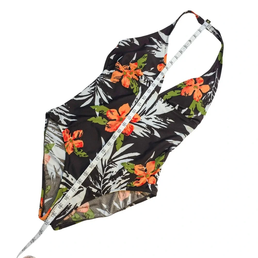Girl's Tropical Floral Halter One Piece Swimsuit Black Orange Padded V-Neck 14‎